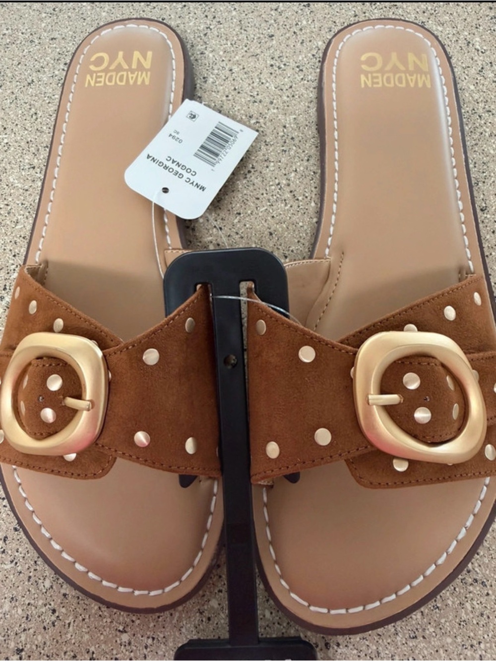 Madewell NYC Tan Suede Slide Sandals with Polka Dot Detail